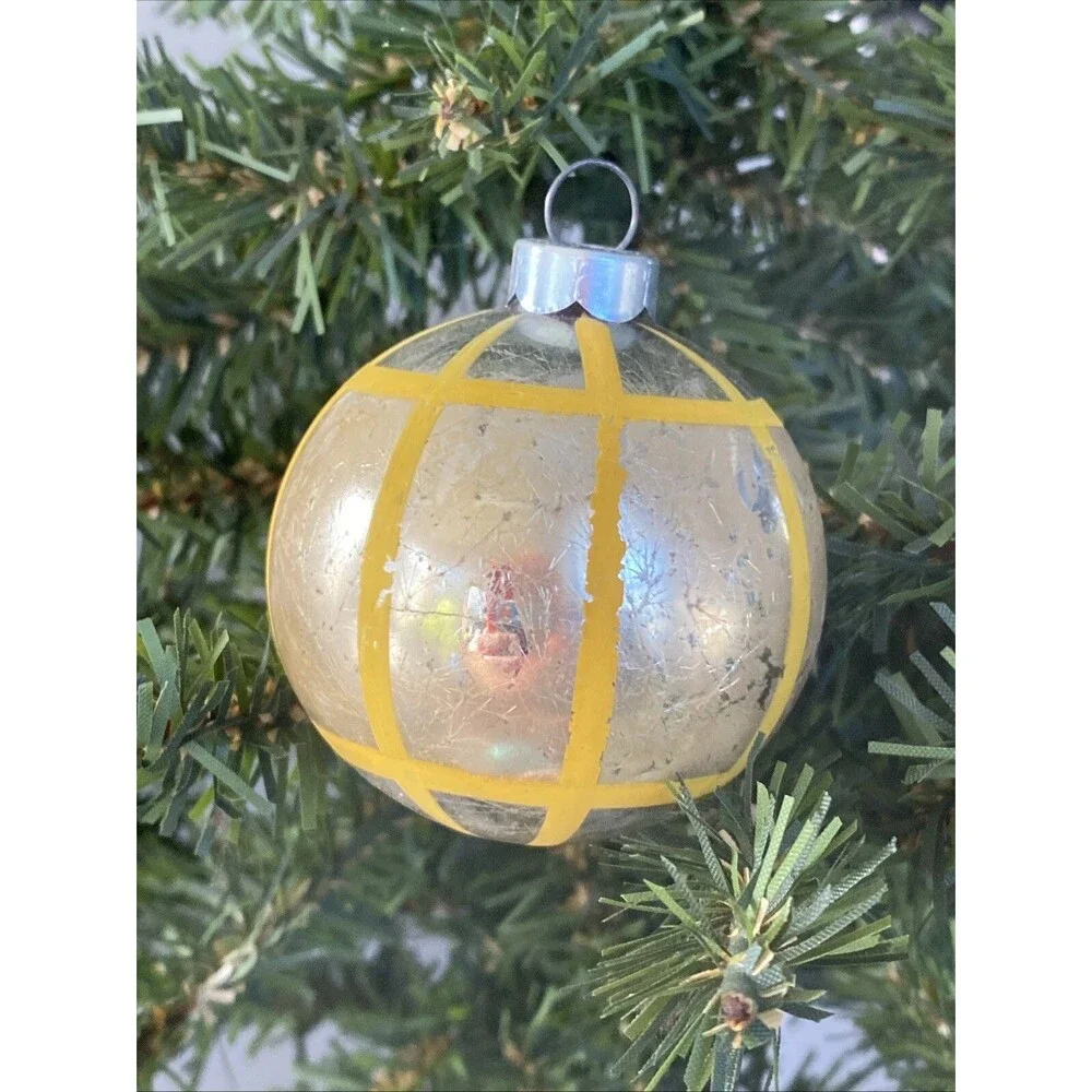 Vintage Glass Christmas Ornament Silver Ball Geometric Yellow Stripes Holiday